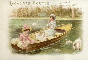 Kvinnor i roddbåt, dricker choklad