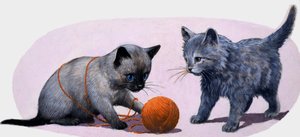 Kattungar som leker med en boll av ull