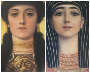 Ancient Greece and Ancient Egypt, detail heads of Athena and Isis 
