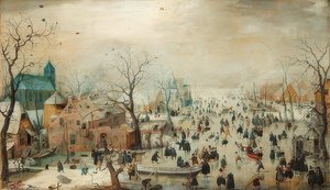Vinterlandskap med skridskoåkare. Omkring 1608