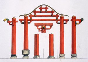 Kinesiska arkitektoniska detaljer i trä, ca 1820-30-talet
