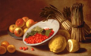 Stilleben av hallon, citroner och sparris