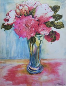 Rosa rosor i ett blått glas, 2000,