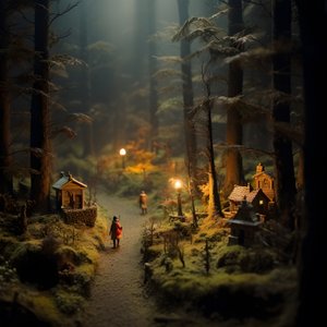 Miniatyr tilt-shift Halloween-skog med dimmiga träd och en kuslig atmosfär 1
