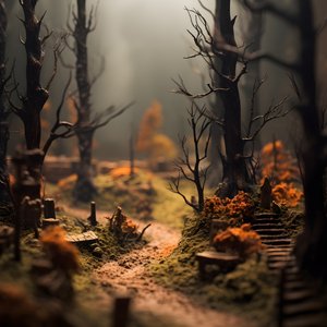 Miniatyr tilt-shift Halloween-skog med dimmiga träd och en kuslig atmosfär 3