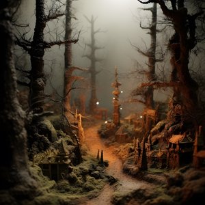 Miniatyr tilt-shift Halloween-skog med dimmiga träd och en kuslig atmosfär 4