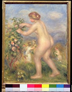 Naken kvinna plockar blommor