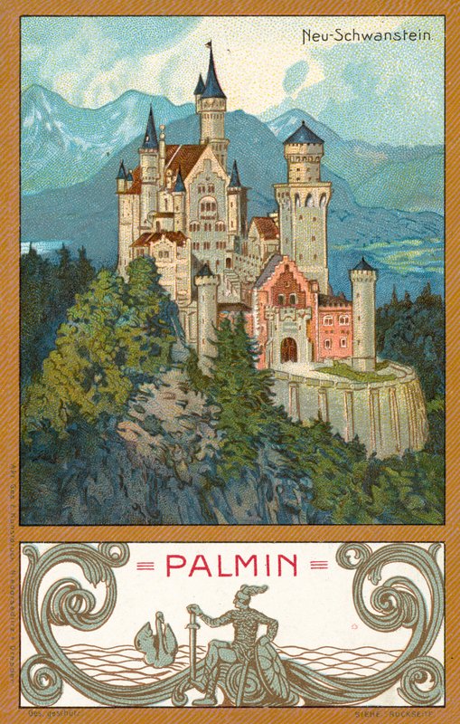 Slottet Neuschwanstein, Bayern (chromolitho) av (after) German School
