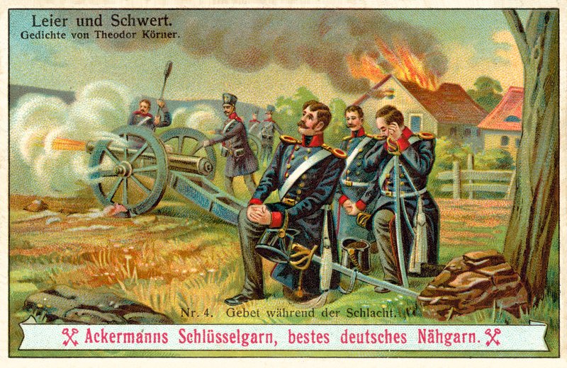 Bön under striden (chromolitho) av (after) German School