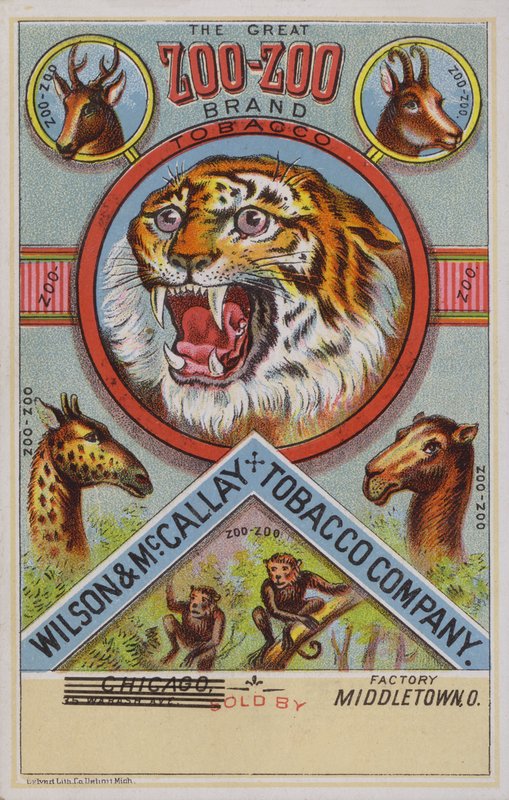 Amerikansk handelskort reklam Zoo-Zoo tobak av American School