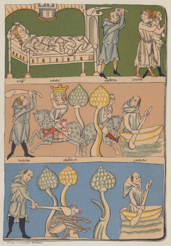 Miniatyrer från Gottfried von Strassburgs Münchenmanuskript från 1200-talet av Tristan und Isolde av German School