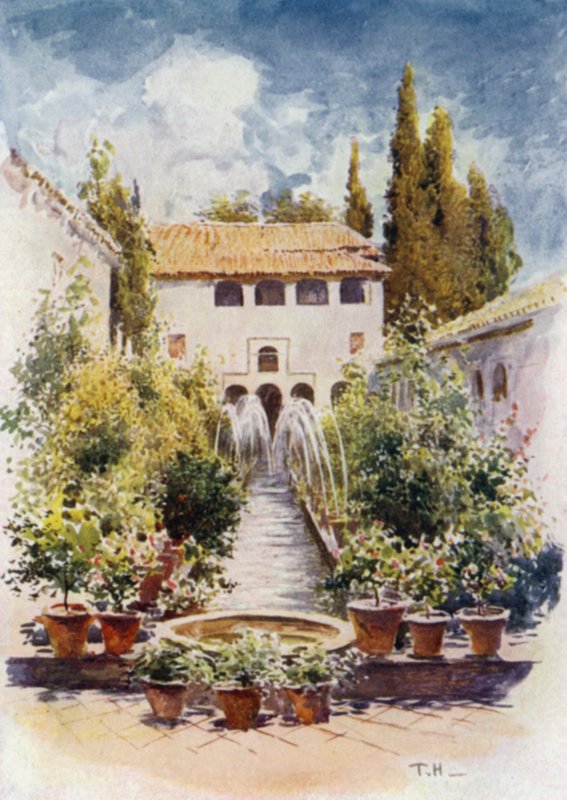 Generalife, Acequia Court (färg litho) av A. Trevor Haddon