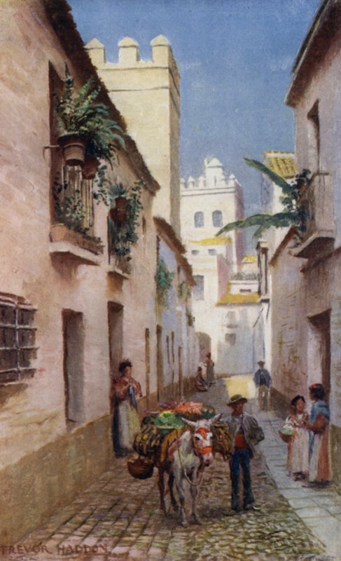 Sevilla, A Street (färg litho) av A. Trevor Haddon