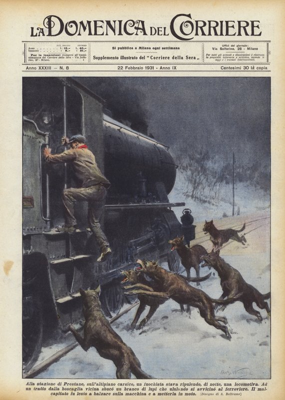 På Prestanestationen, på Karstplatån, höll en stoker på att städa ett lok på natten av Achille Beltrame