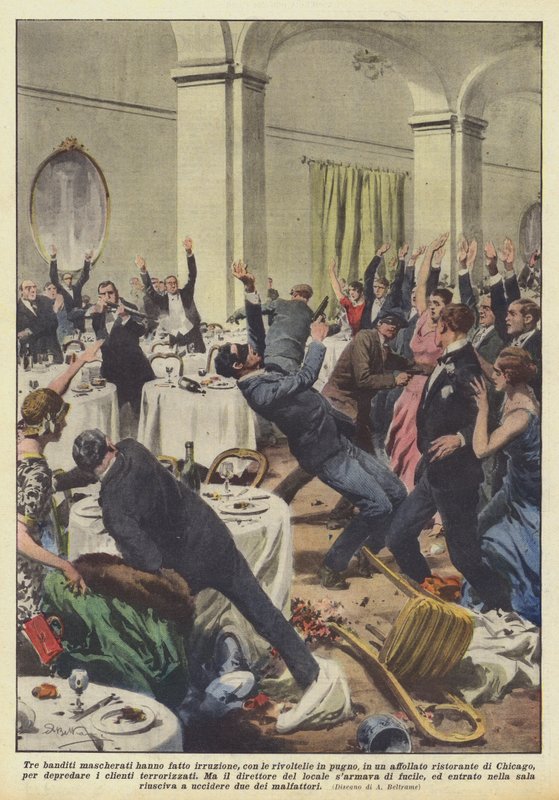 Tre maskerade banditer plundrade, med revolvrar i handen, en fullsatt? av Achille Beltrame