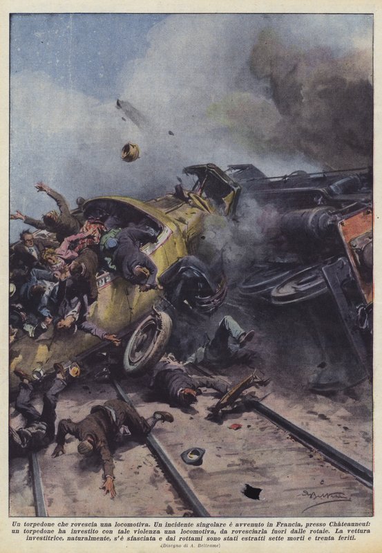 En buss som välter ett lok av Achille Beltrame