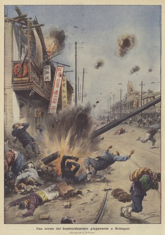 En scen från den japanska bombningen i Shanghai av Achille Beltrame