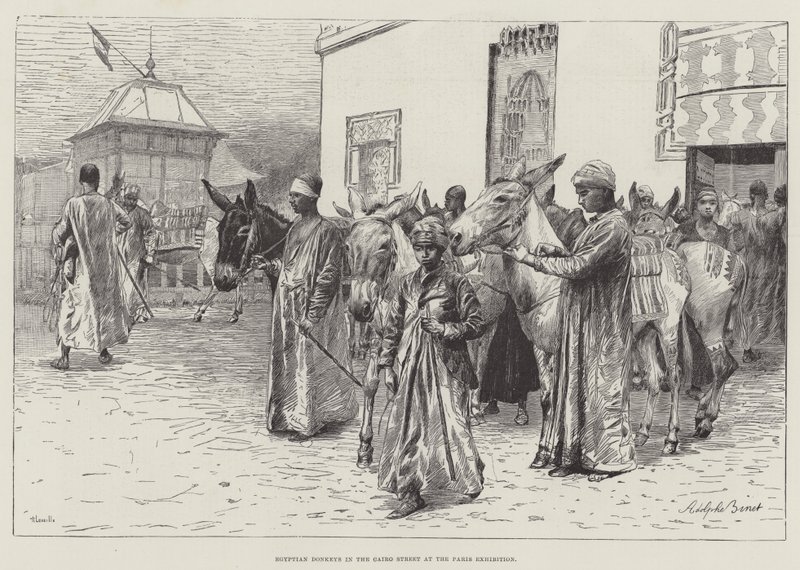 Egyptiska åsnor på gatan i Kairo vid Parisutställningen av Adolphe Gustave Binet
