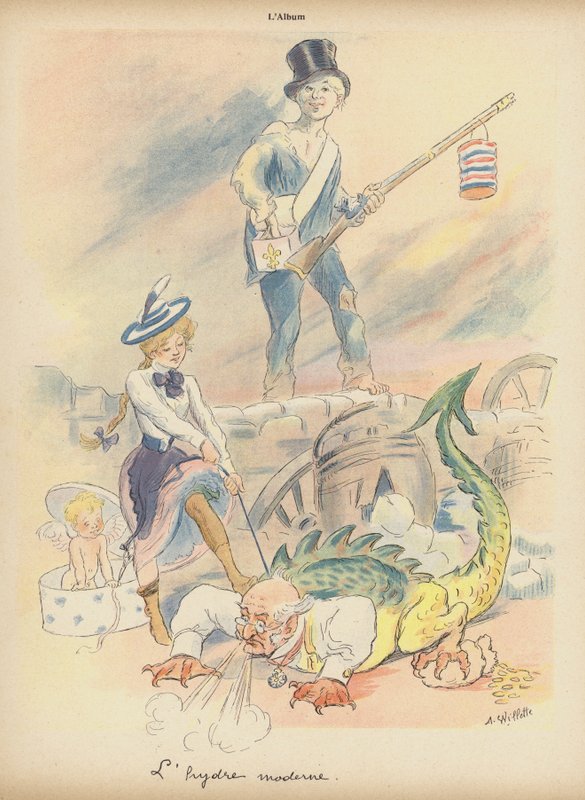 The Modern Hydra (färg litho) av Adolphe Leon Willette