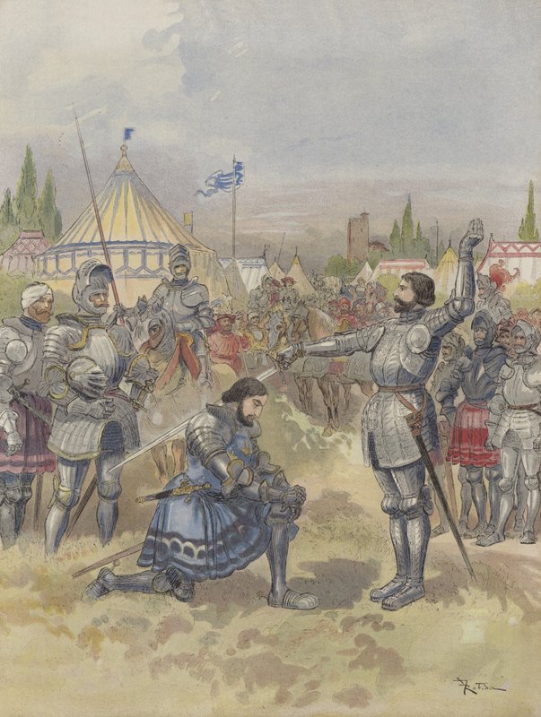 Bayard beväpnar Francois I som en riddare av Albert Robida