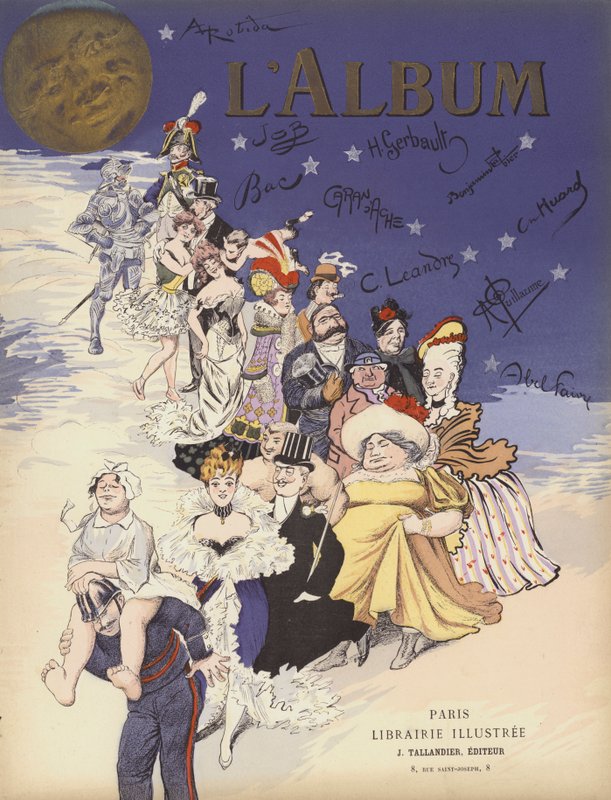Fransk karikatyr (färg litho) av Albert Robida