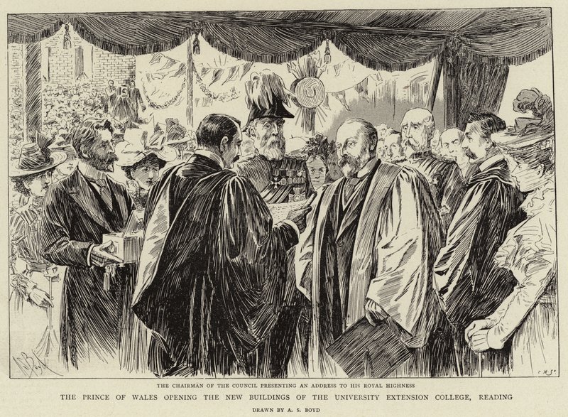 Prinsen av Wales invigde de nya byggnaderna vid University Extension College, läsning av Alexander Stuart Boyd