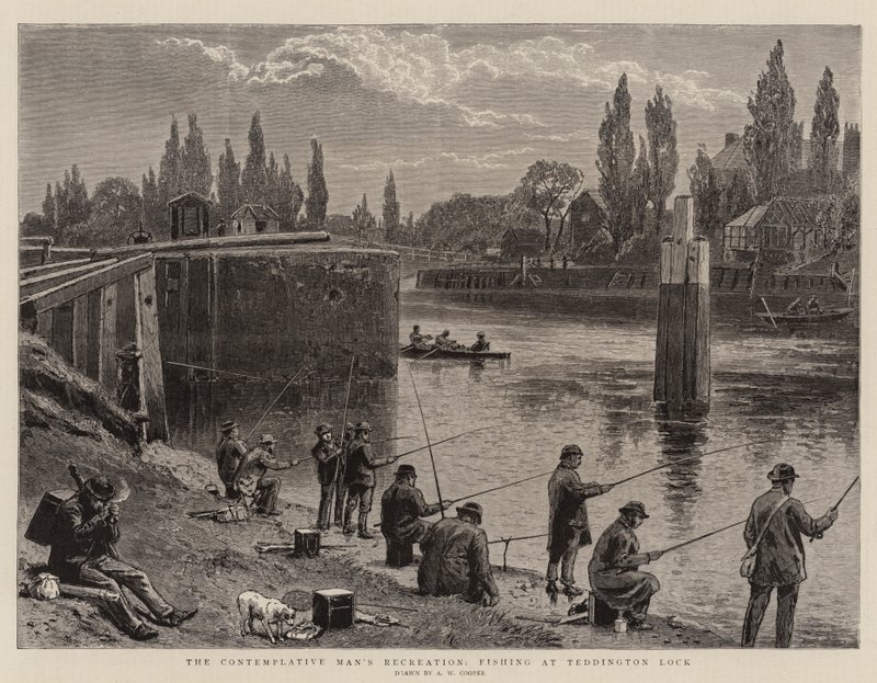 Den kontemplativa mannens rekreation, fiske vid Teddington Lock av Alfred W. Cooper
