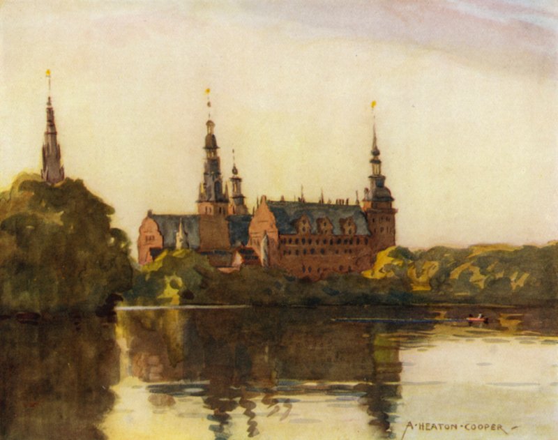 Danmark: Frederiksborgs slott (färg litho) av Alfred Heaton Cooper
