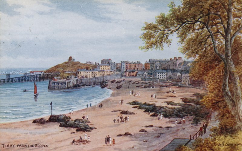Tenby, From The Slopes (färg litho) av Alfred Robert Quinton