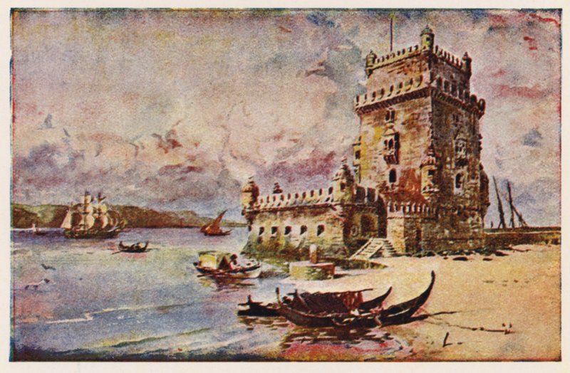 Belem-tornet, Lissabon (färglitografi) av Alfredo Roque Gameiro