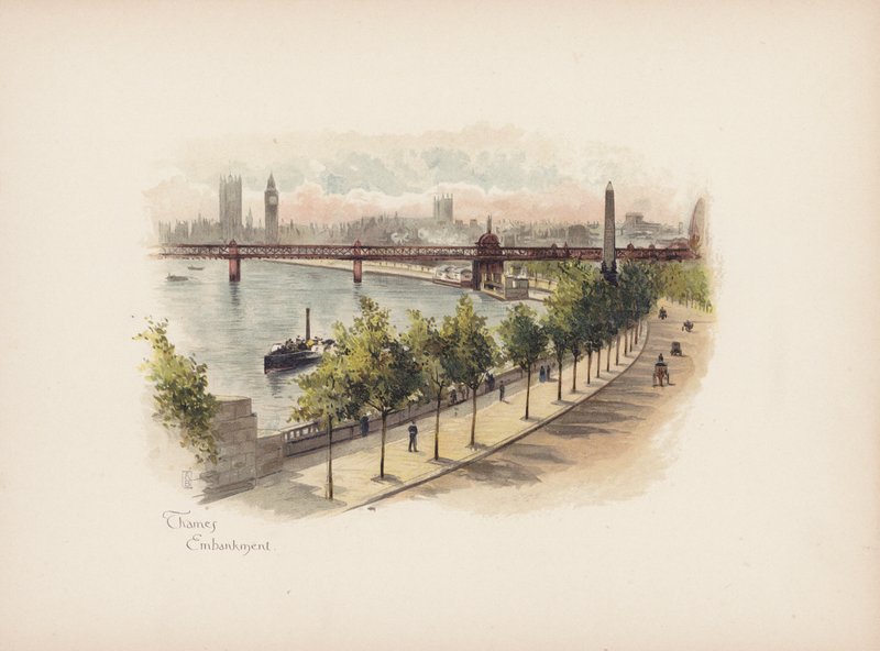 Bekanta London: Thames Embankment (färglitografi) av Allan F. Barraud