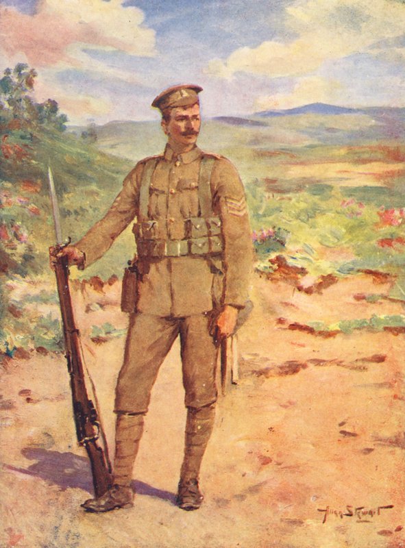 WW1: En modern brittisk soldat (färglitografi) av Allan Stewart