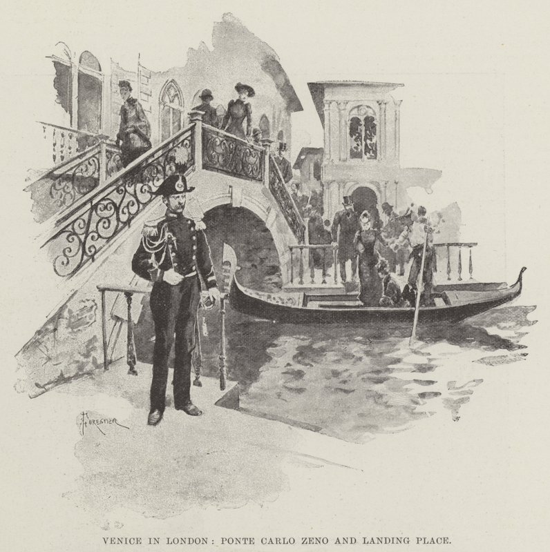 Venedig i London, Ponte Carlo Zeno och Landing Place av Amedee Forestier