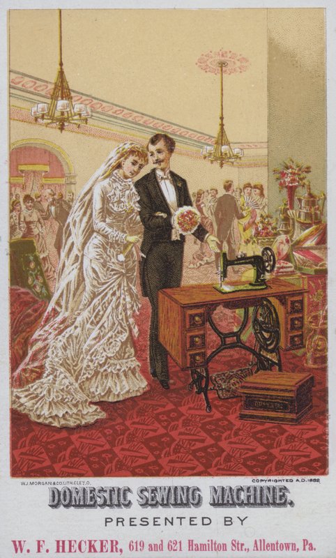 Annons för inhemska symaskiner (chromolitho) av American School