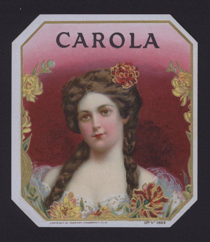 Carola, cigarretikett (chromolitho) av American School