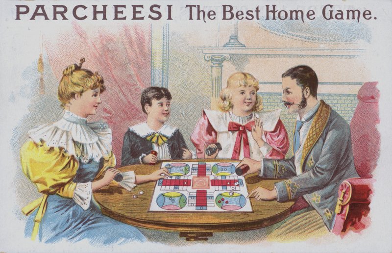 Familj som spelar en omgång Parcheesi (chromolitho) av American School