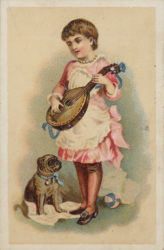 Flicka som spelar en mandolin, med en hund av American School