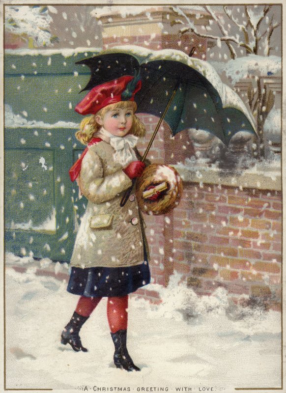 Flicka med paraply i en snödusch av American School