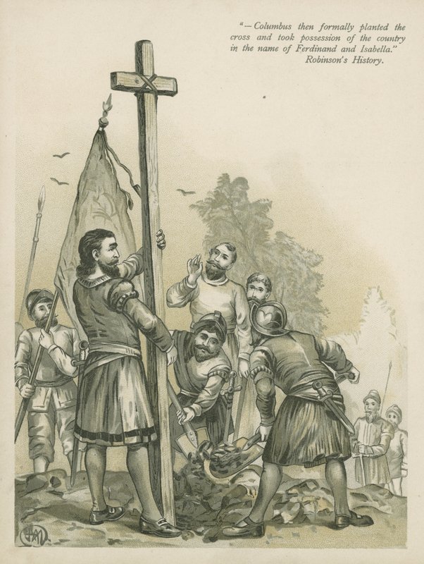 Columbus gör anspråk på den nya världen för Spanien (chromolitho) av Andrew Melrose