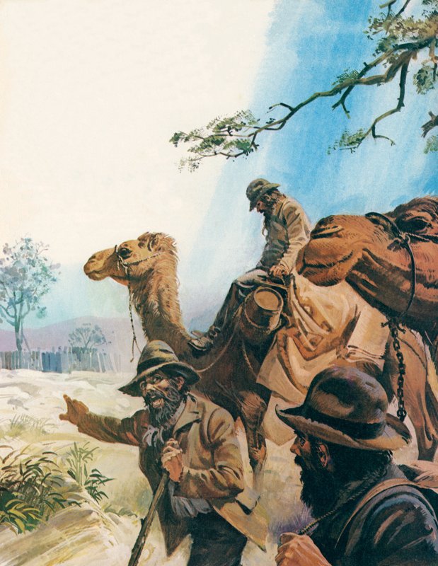 Burke och Wills (färglitografi) av Andrew Howat