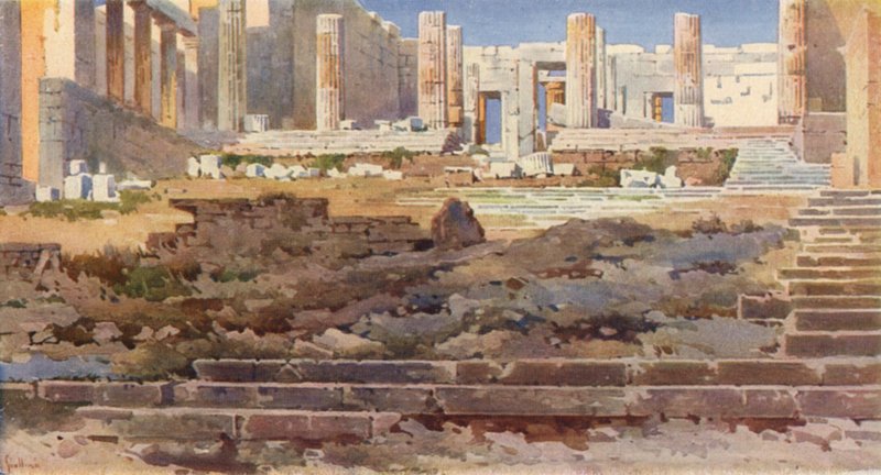 Propylaea på Akropolis, Aten (färg litho) av Angelos Giallinos