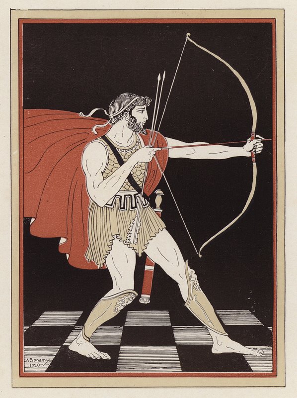 Odysseus ritar sin båge (färg litho) av Armand Joseph Bonamy