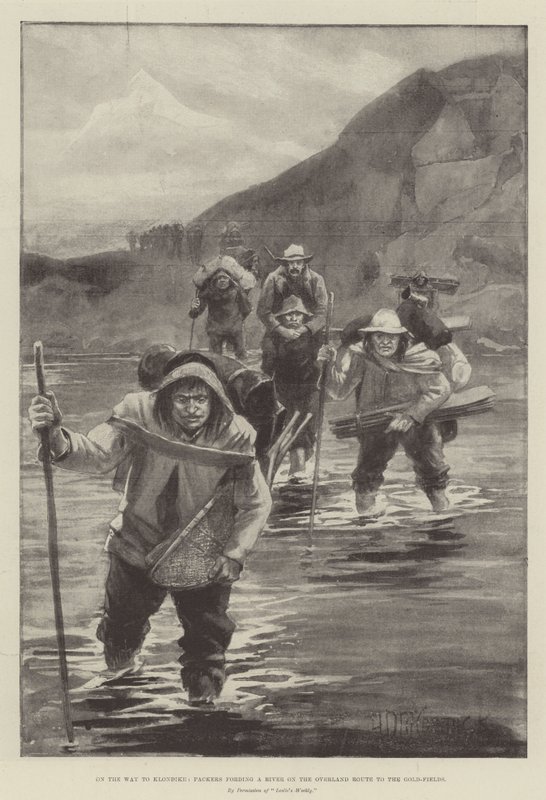 På väg till Klondike forsar packare en flod på vägen över land till guldfälten av Arthur David McCormick
