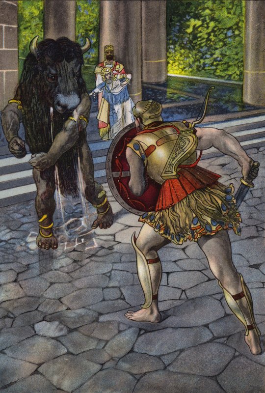 Herakles konfronterar Minotauren (färg litho) av Artus Scheiner