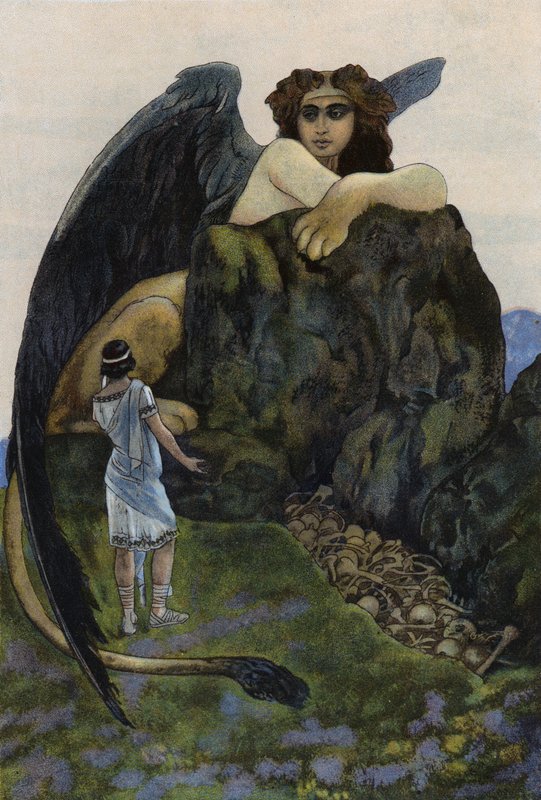 Oidipus och sfinxen (färg litho) av Artus Scheiner