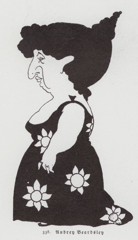 Karikatyr av en kvinna i en solrosklänning av Aubrey Beardsley
