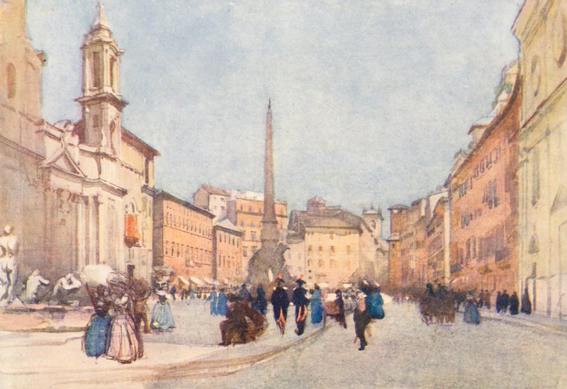 Rom: Piazza Navona (färglitografi) av Aubrey Waterfield