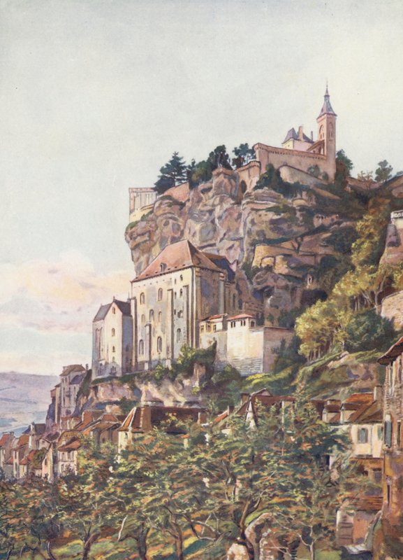 Frankrike: Helgedomen i Rocamadour (färglitografi) av Auguste Gerardin