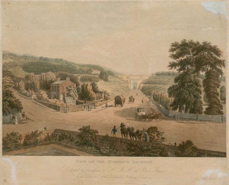 Utsikt över Highgate Archway av Augustus Charles Pugin