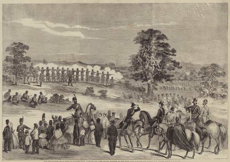 Volunteers Sham Fight i Camden Park, Chislehurst, försvarsstyrkans andra position av B. Clayton